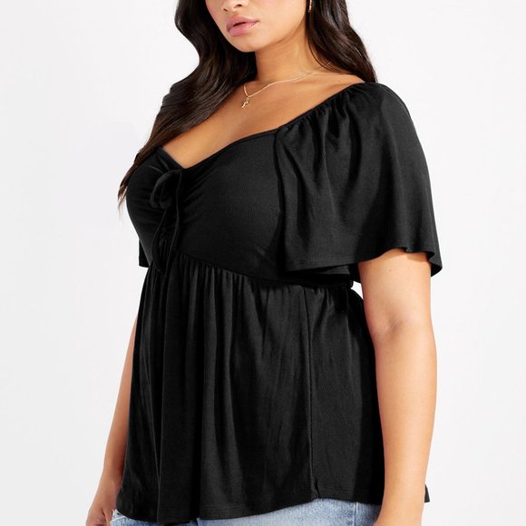 Black Plus Size Ruched Front Babydoll Top - Picture 7 of 16